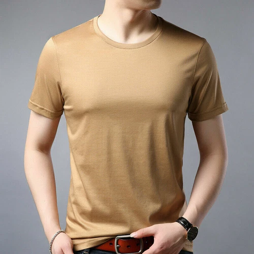Top de seda color liso cuello redondo de verano manga corta para hombre M-3XL - Imagen 6 de 24