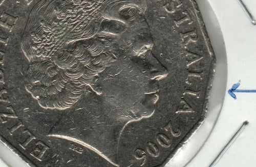 Australian 2006,  50 cent coin, mouth cud error, Circulated condition.