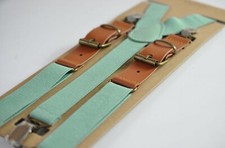 Dusty Sage Green Elastic Tan Brown Leather Suspenders Braces For all ages