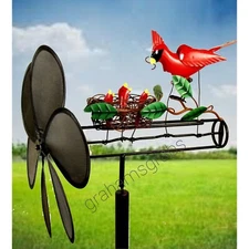 CARDINAL FAMILY WHIRLIGIG  WIND POWERED KINETIC METAL WIND SPINNER YARD DECOR