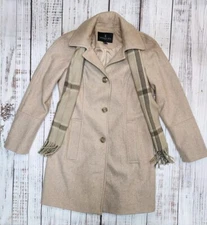 London Fog Pea Coat Womens Extra Small Beige Winter Button Plaid Scarf Wool