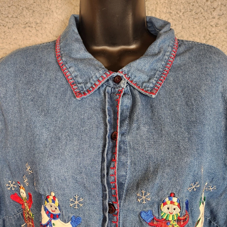 Vintage White Stag Winter Denim Shirt Womens Plus Size 24/26 Snowmen Winter - Image 3 of 4
