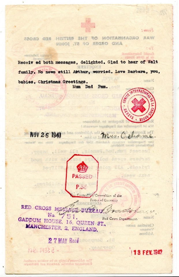 GB Channel Islands WW2 RED CROSS Message GUERNSEY 1941 Manchester *751* MAX33 - Image 2 of 4