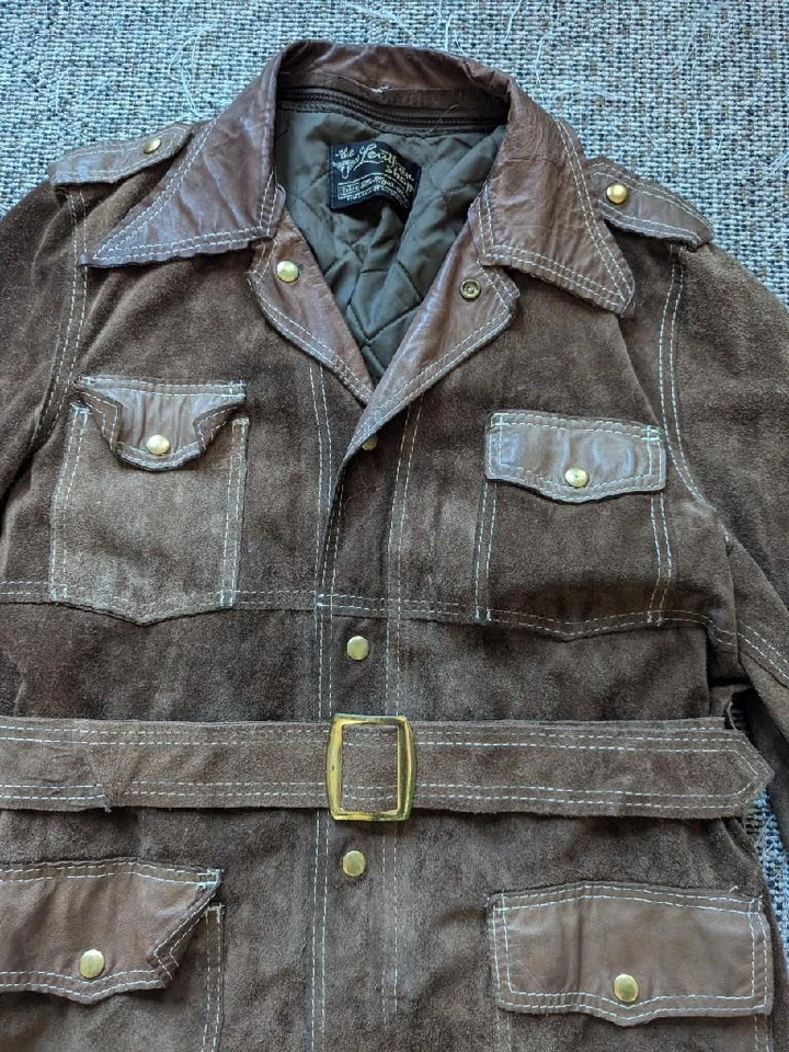 vintage SEARS split-suede COWHIDE leather coat 42 brown BELTED western rancher M - Image 4 of 4