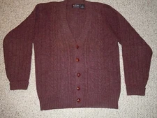 DAKS VINTAGE MEN'S 100% WOOL PLUM HEATHER "GRANDPA" CABLE KNIT CARDIGAN SIZE LRG