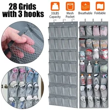 28 Pocket Over Door Hanging Shoe Organizer Mesh Storage Holder Bag w/ Hooks Gray