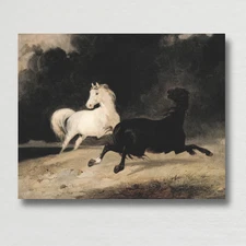 1800s Black and White Horse Painting Giclee Fine Art Paper Print