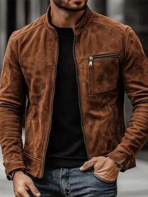 Men s Brown Suede Leather Jacket Classic Slim Fit Biker Style Genuine Soft Coat
