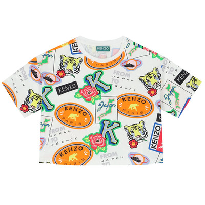 KENZO KIDS GIRLS TRAVEL LOGO T SHIRT WHITE 8A MULTICOLOUR COTTON DESIGNER