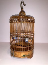 Early 1900's Chinese Bamboo Hand Carved Bird Cage with Porcelain Feed Bowls