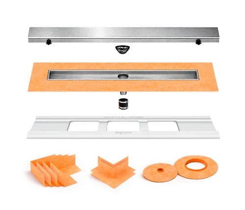 All-in-one linear waterproof drain kit- center channel body with grate