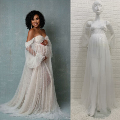 maternity party dresses ebay Pregnant Women Dress Maternity Lace Long Sleeve Mesh Gown For Photograph  Shoot