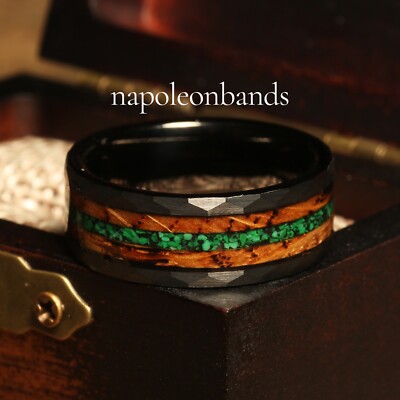 8mm Burnt Whiskey Barrel & Malachite Inlay TungstenRing Men's Wedding Band