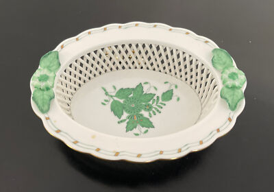 Herend 5-1/2'' Oval Open Basket Weave Pierced Dish / Bowl 7379 Chinese Green