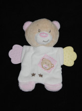 Doudou plat ours blanc rose ERGEE plaque de dentition jaune  étoile  TTBE
