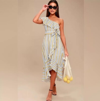 Lulus High Tide Yellow Striped One Shoulder Midi Dress Ruffle Asymmetrical Small