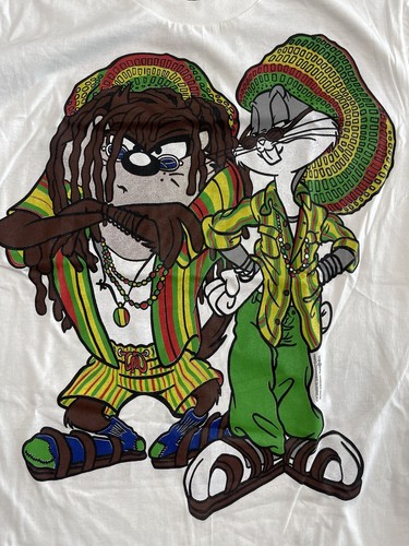 VTG 90s TAZ BUGS BUNNY RASTA JAMAICAN DOUBLE SIDED SHIRT WHITE SZ XL NWOT - Picture 2 of 6