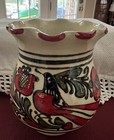 Unique Pottery Vase Ruffled Rim Cream With Red Blue Fancy Birds Flowers