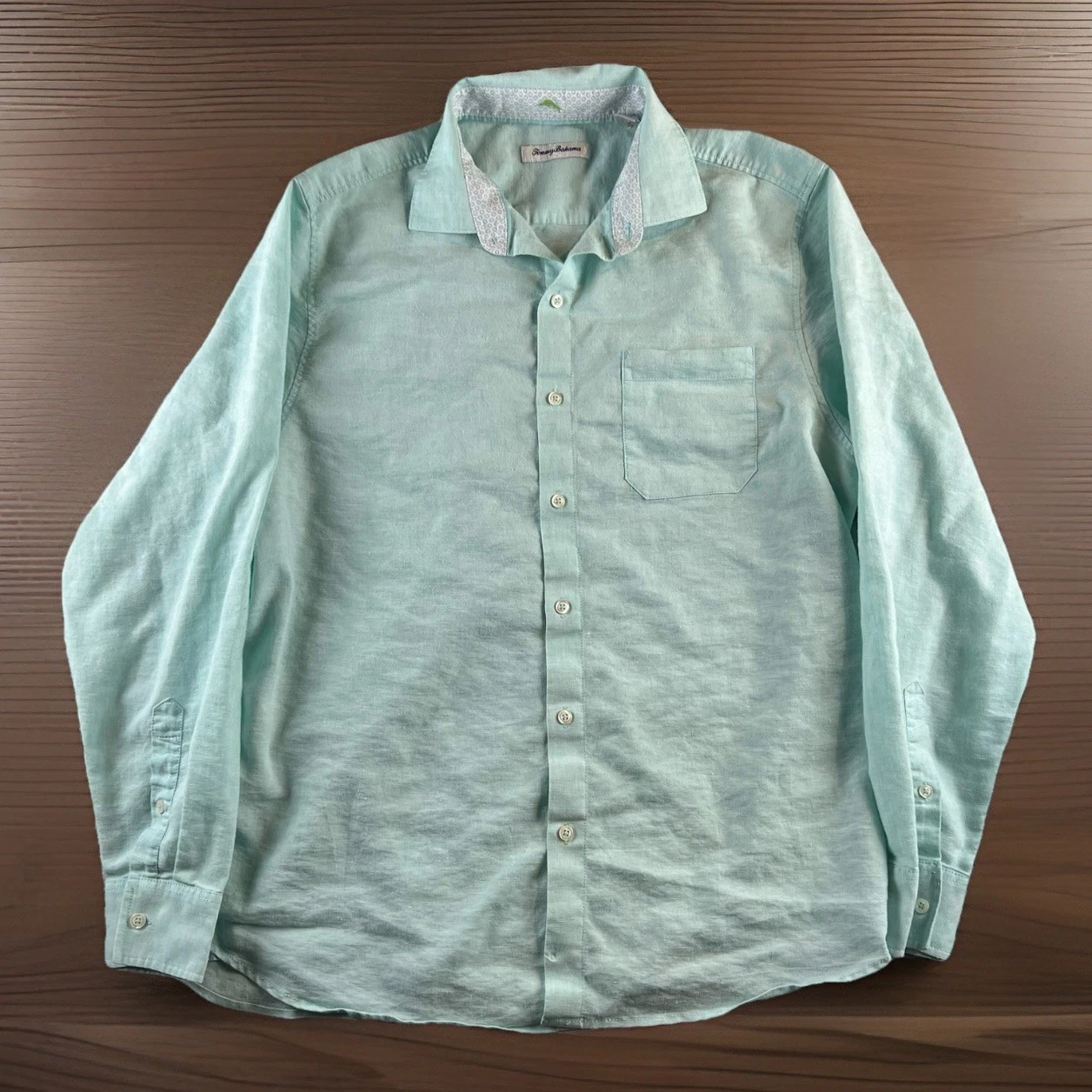 tommy bahama linen blend shirt mens L aqua blue button down long sleeve