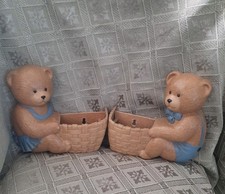 1989 Pair BURWOOD Products 2 Teddy Bears Wall Decor W/Pockets For Nursery