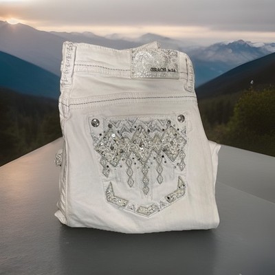 GRACE IN LA Denim Jeans Capris Embellished Cropped 30/25 White