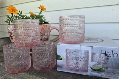 NEW Set 4 Home Essentials HALO Hobnail Textured PINK 13½oz Rocks Glasses 