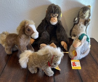 Steiff Animals Collection Of 5 , Horse (2) Duck, Beaver, Chimpanzee 6-12 