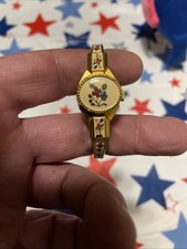 Retro JAI 17j Swiss Mech- Enamel Flower Cuff Bracelet Watch, Peekaboo Working