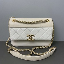 Chanel Vintage Two‑Tone White Leather Flap Gold‑Tone Chain Shoulder Crossbody