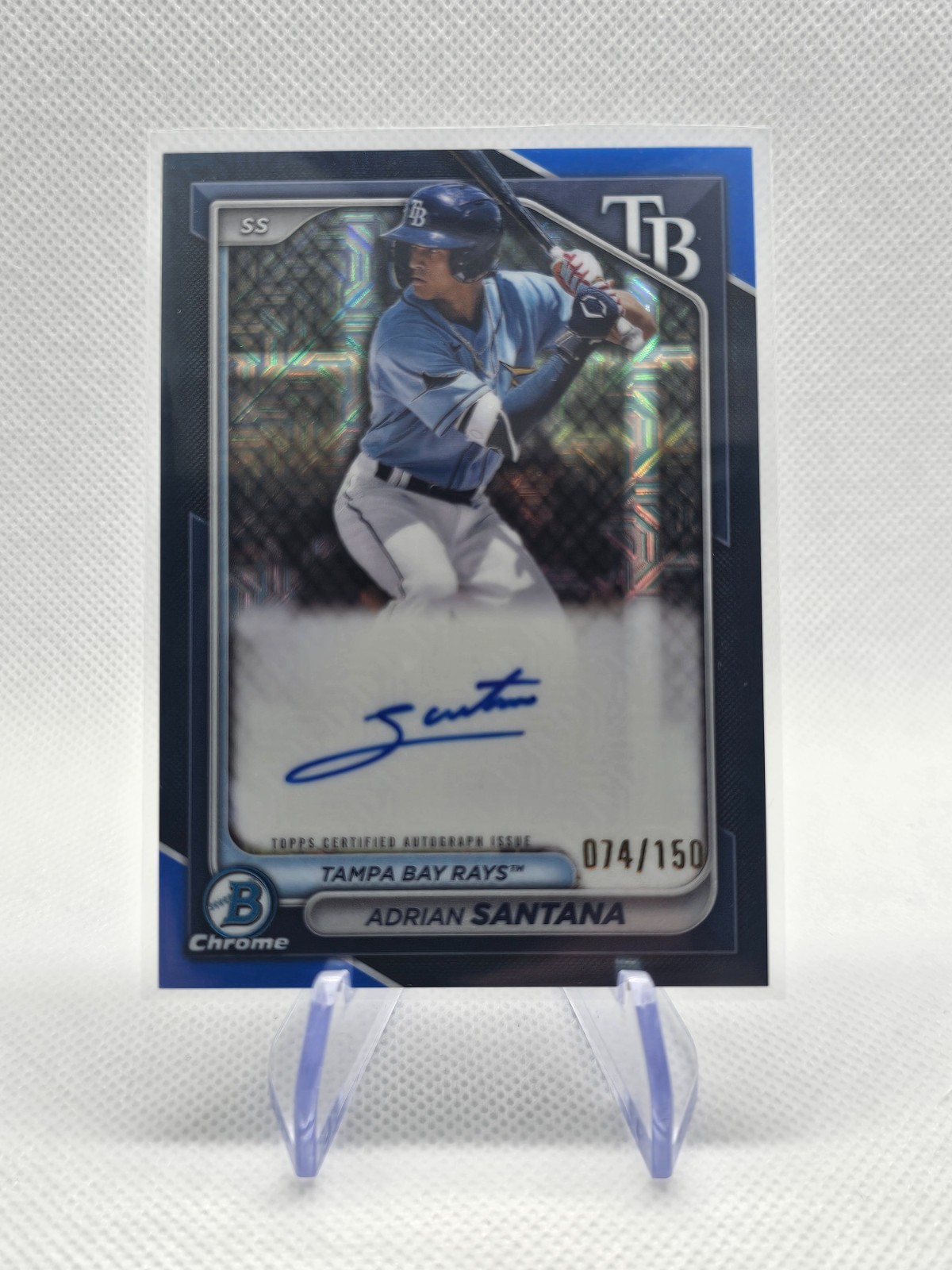 2024 Bowman # BMA-AS Adrian Santana Blue Mojo Auto /150. Tampa Bay Rays
