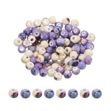 100Pcs 8mm Round Ceramic Porcelain Beads, Purple/Yellow