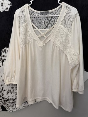 Absolutely Famous Lace Criss Cross V-Neck Tunic 3X Plus Long Sleeve boho beach 