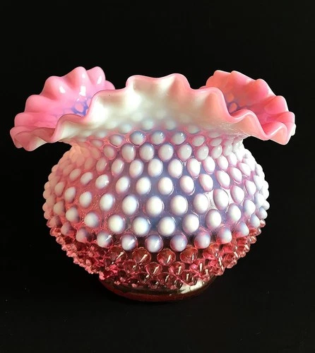 Fenton Cranberry/ Pink Opalescent Hobnail Rose Bowl Vintage 5" Tall x6.5" Wide