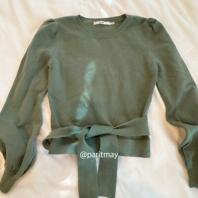 Francesca s Mi Ami Sage Green Puff Sleeve Sweater Back Bow Tie XS (EXCELLENT)