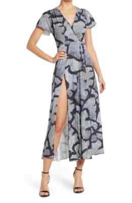 French Connection Remi Maxi Dress Women's 10 Navy Blue White V Neck Front Slit