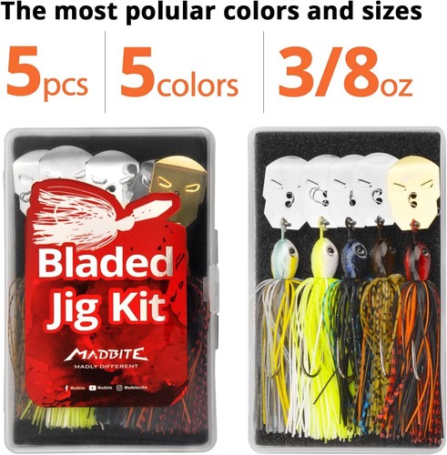 3/8 oz Bladed Jig Fishing Lures 5pc Kits, Heavy-Wire Needle Point Hooks - Picture 4 of 7