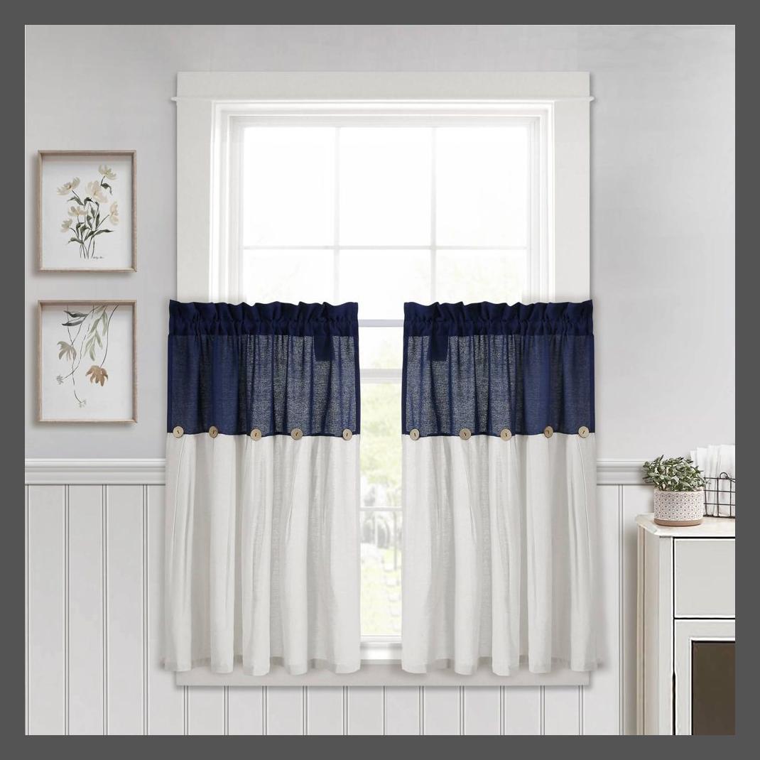 Комплект из 2-х ярусов кухонных штор на пуговицах для фермерского дома (36x29) Темно-синий/Белый -