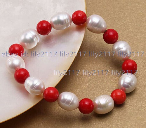 Beauty 8mm Round Red Coral Gems 9-10mm Natural White Pearl Elastic Bracelet 7.5" - Picture 11 of 12