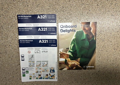 3 Lufthansa Airbus A321 100 200 Safety Cards  + Onboard Delights menu