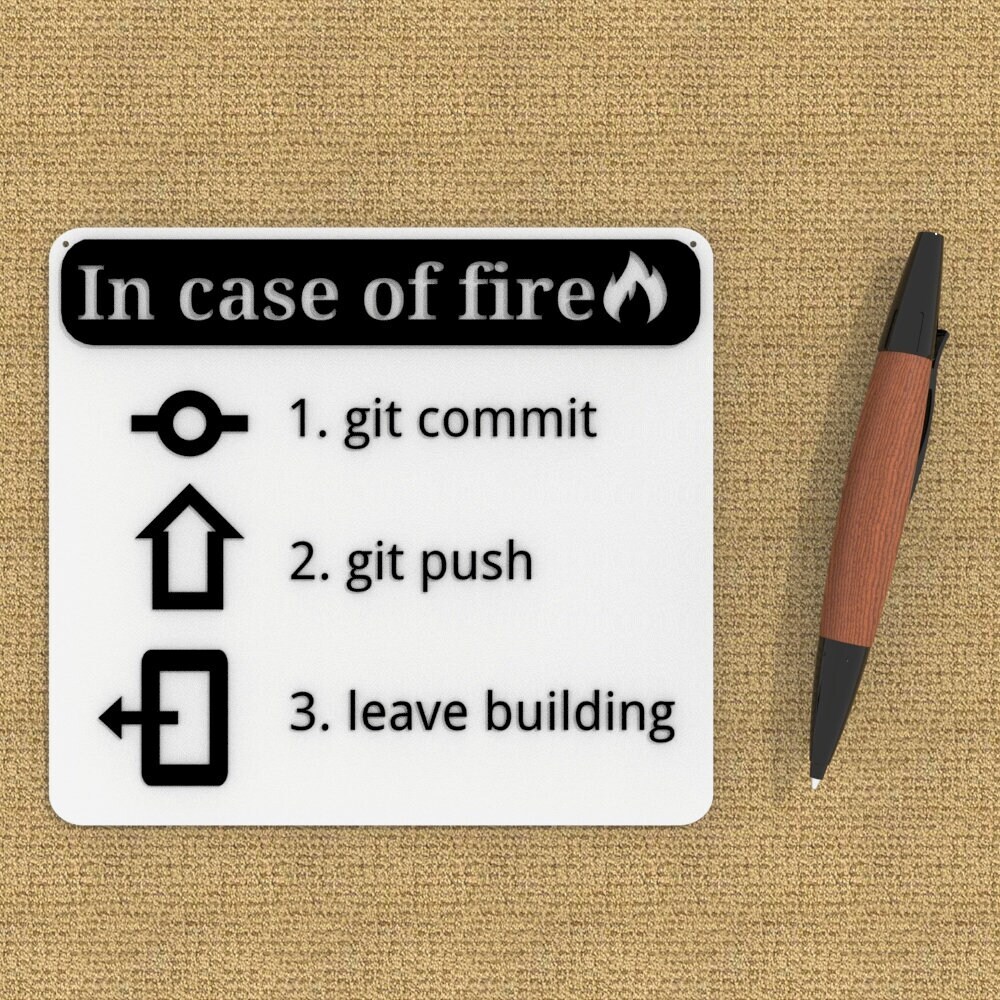 Funny Sign | In Case Of Fire - Git Commit , Git Push , Leave Building ...