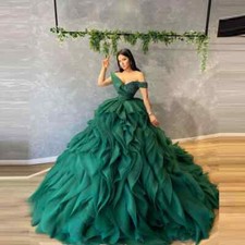 Elegant Off Shoulder Green Wedding Dresses Ruffles Beaded Ball Gown Bridal Gowns
