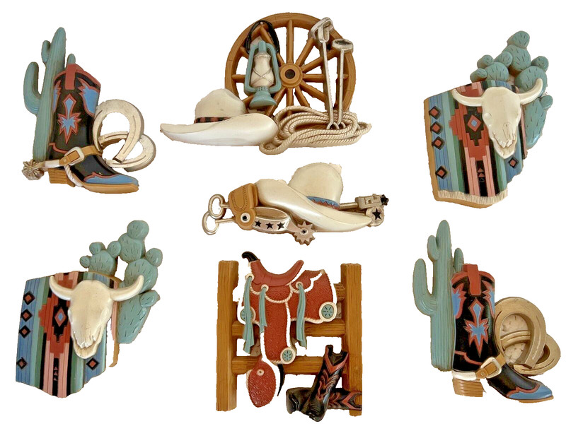 Vintage Burwood Cowboy Western Wall Art Decor Plaques Home Decor Set of 7