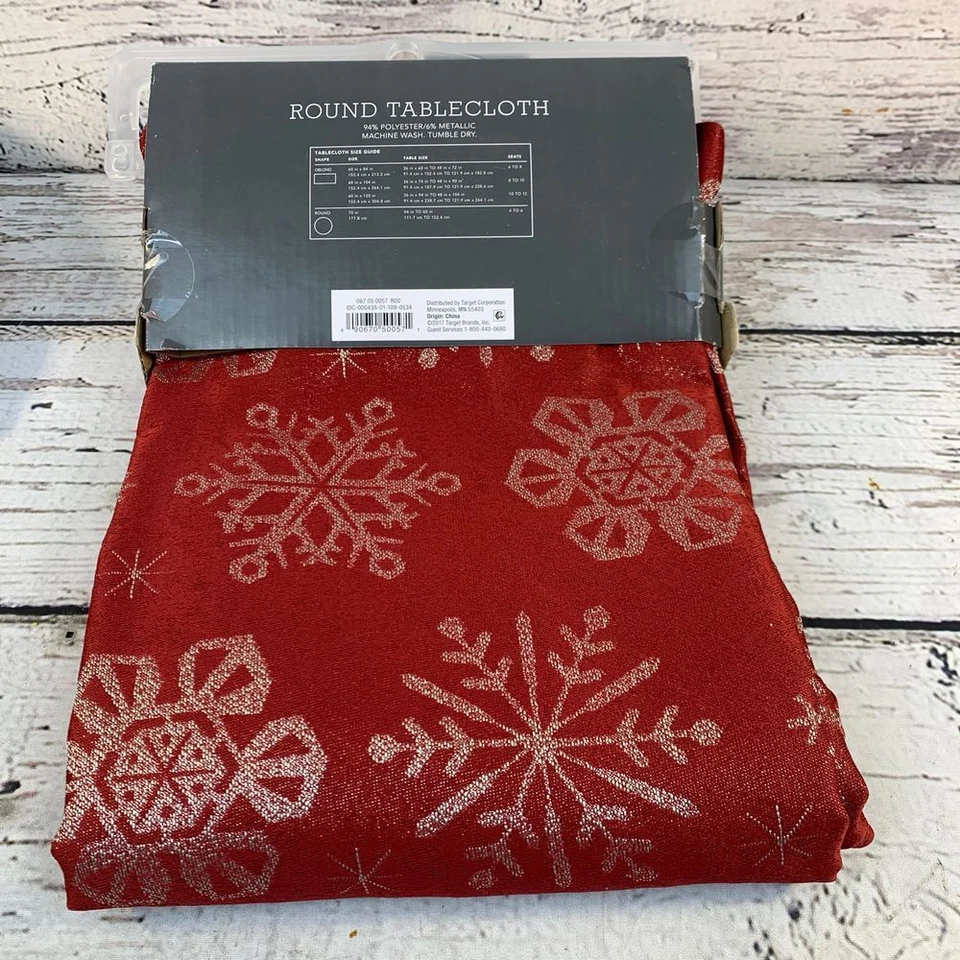 Threshold Round Holiday Tablecloth Red Silver Snowflake Pattern 70 inch NEW - Image 2 of 3