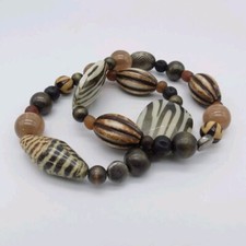 2Pc Brown Beads Stretch Bracelet Simple Boho 7.5"  