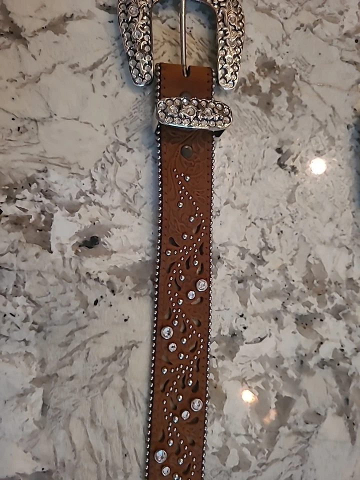 Пояс Justin Palazzo черный блестящий со стразами кожаный ремень размер 38 - Изображение 2 из 4