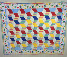 Vintage baby crib quilt blanket red blue green yellow blocks balloons FLAW READ
