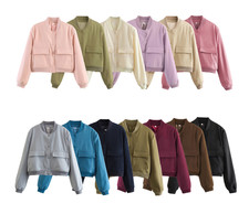 Women's Stand Collar Cropped Jacket Button Up Long Sleeve Outerwear