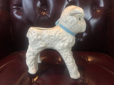 Vintage 1950s Hull Pottery 8  Lamb Planter Vase White Blue Bow Pink Ears US #965