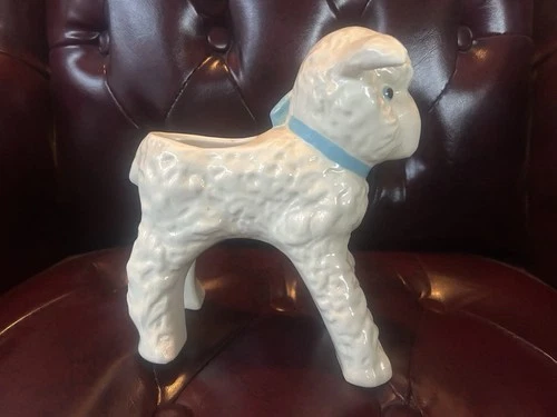 Vintage 1950s Hull Pottery 8” Lamb Planter Vase White Blue Bow Pink Ears US #965