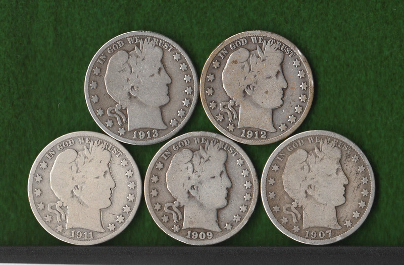 1907-O 909-S 1911-D 1912-S 1913-D BARBER HALF DOLLARS 90% Silver Set of 5